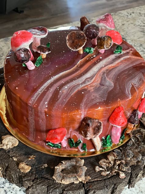 Happy Birthday Mirror Glaze Mushroom Carmel Coffee Expresso Cake Trippy Cake Design, Shroom Cake, Birthday Cake Mushroom, Trippy Cake, Expresso Cake, Mushroom Birthday Cake, Autumn Cake Ideas, Birthday Mirror, Carmel Coffee