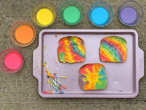 Rainbow Toast with Edible Paint | Holley Grainger Rainbow Toast, White Wheat Bread, Rainbow Bread, Kids Cooking Activities, Kid Cooking, Cooking Projects, Fun Breakfast, Painted Post, Bread Art