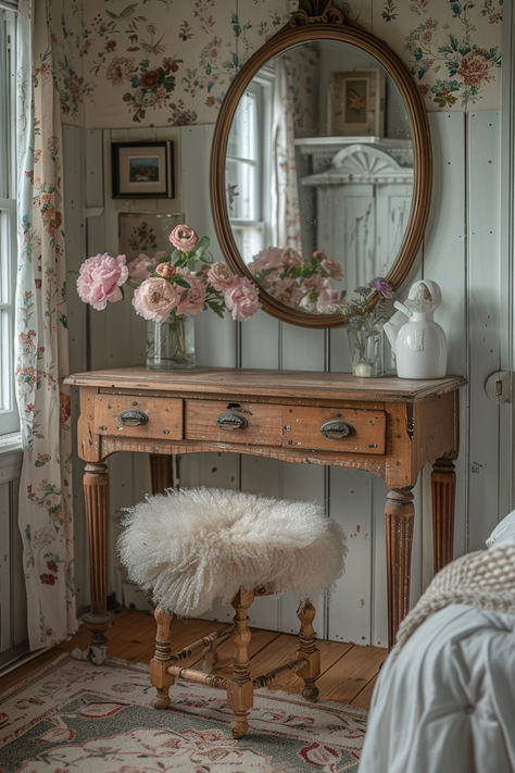 vintage farmhouse bedroom, neutral bedroom, vintage bedroom, farmhouse bedroom, bedroom inspo Vintage Flower Bedroom, Old Fashioned Room Aesthetic, Vintage Room Furniture, Vintage Salon Bedroom, Vintage Teen Girl Bedroom, Floral Farmhouse Decor, Vintage Rustic Bedroom Ideas, Fancy Vintage Bedroom, Romantic Country Decor