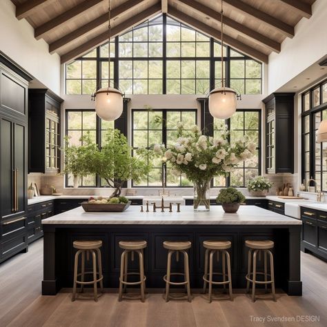 White Kitchen And Black Island, Kitchens With Floor To Ceiling Windows, Double Islands In Kitchen Layout, 12ft Kitchen Island, Kitchen Design Double Island, Black Windows In Kitchen, Kitchen Design Large Island, Oven In Island Kitchen, Big Dream Kitchen