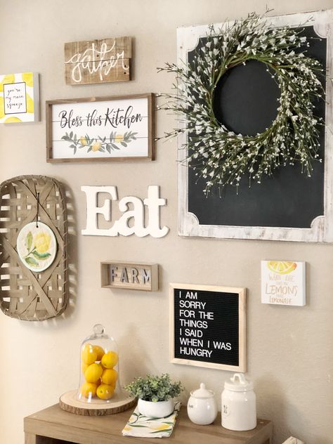 Lemon Gallery Wall, Farmhouse Yellow Kitchen, Lemon Farmhouse Kitchen, Big Kitchen Wall Decor Ideas, Kitchen Wall Ideas Decor, Lemon Kitchen Decor Ideas, Small Kitchen Wall Decor, Kitchen Wall Decor Farmhouse, Lemonade Decor