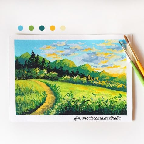 Gouache painting of ghibli-inspired landscape Ghibli Landscape Painting, Guache Paintings Landscape, Studio Ghibli Gouache Painting, Gouache Landscape Tutorial, Ghibli Studio Painting, Gouache Illustrations Landscape, Ghibli Gouache Painting, Gouache Painting Landscapes, Ghibli Gouache