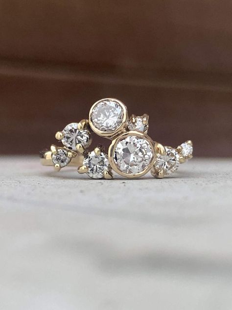 cluster heirloom diamond gold ring Grandma's Engagement Ring, Multi Diamond Ring Designs, Resetting Diamonds Ideas, Right Hand Diamond Rings, Dig Jewelry, Heirloom Ring, Chuck Lorre, Cluster Diamond Ring, Cluster Ring Set