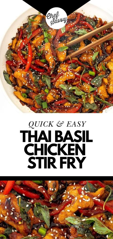 Save this Quick & Easy Healthy Thai Basil Chicken Stir Fry. It is loaded with tons of fresh vegetables. It makes one of the best 30 minute one Skillet meals. Follow Chef Savvy for more healthy chicken dinner recipes and ideas! Stir Fry Chicken Recipes, Italian Chicken Recipes Easy, Fry Chicken Recipes, Crock Pot Ranch Pork Chops, Ranch Pork Chops And Potatoes, Easy Healthy Chicken Recipes, Chicken Stir Fry Recipe, Stir Fry Chicken, Easy Healthy Chicken