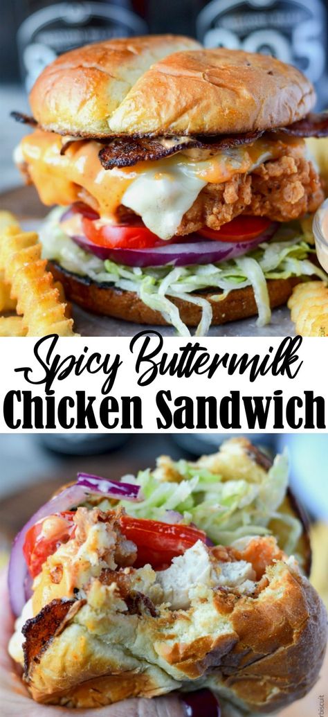 Skip the take-out and make this fried chicken sandwich at home! Crispy, juicy and with a little spice. Topped off with some creamy Sriracha mayo. #chickensandwich #friedchicken #easydinner Things To Make With Hoagie Buns, Chicken Ranch Sandwich Recipes, Fried Chicken Tender Sandwich, Crispy Chicken Sandwich Recipes Oven Baked, Chicken Tender Sandwich Recipes, Buttermilk Fried Chicken Sandwich, Buttermilk Crispy Chicken, Crispy Chicken Sandwich, Sandwich Chicken