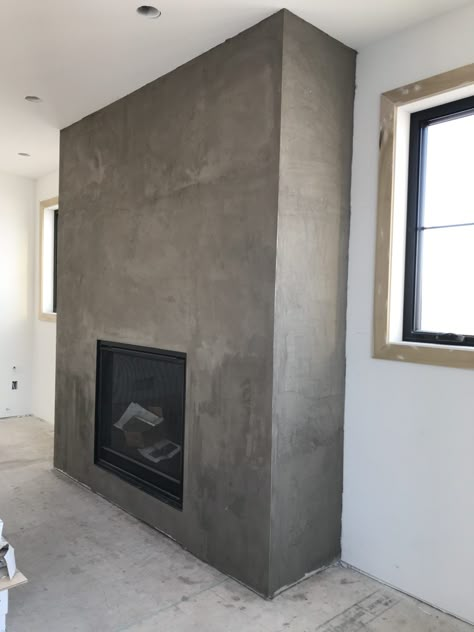 DIY Faux Concrete Fireplace - Joinery & Design Co Concrete Mantle Fireplace, Faux Concrete Fireplace, Fireplace Faux, Industrial Fireplace, Concrete Fireplace Surround, Faux Concrete Wall, Fireplace Feature, Stucco Fireplace, Fireplace Feature Wall