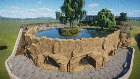 Planet Coaster Layout, Zoo Enclosures Ideas, Zoo Planet Ideas, Planet Zoo Entrance Ideas, Planet Zoo Layout Ideas, Otter Enclosure, Otter Habitat, Planet Zoo Habitat Ideas, Zoo Habitats