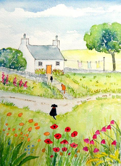 Cottage Cat, Poppies And Daisies, House Paintings, Watercolour Ideas, Watercolor Art Landscape, Watercolor Paintings For Beginners, Colour Painting, Diy Watercolor Painting, Cottage Art