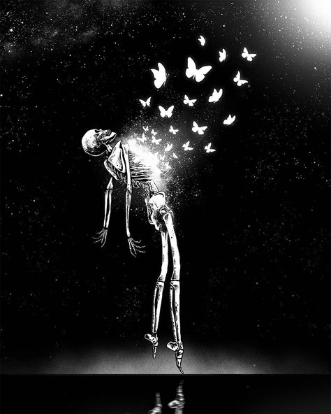 Junaid Mortimer shared a photo on Instagram: “"Metamorphosis" . . . #newstart #newbeginnings #skeleton #skeletonart #blackworkartists…” • See 271 photos and videos on their profile. Skeletons Wallpaper Aesthetic, Butterflies Illustration, Metamorphosis Art, Skeleton Artwork, Skeleton Love, Skeleton Illustration, Butterfly Illustration, Skull Lover, Gothic Home