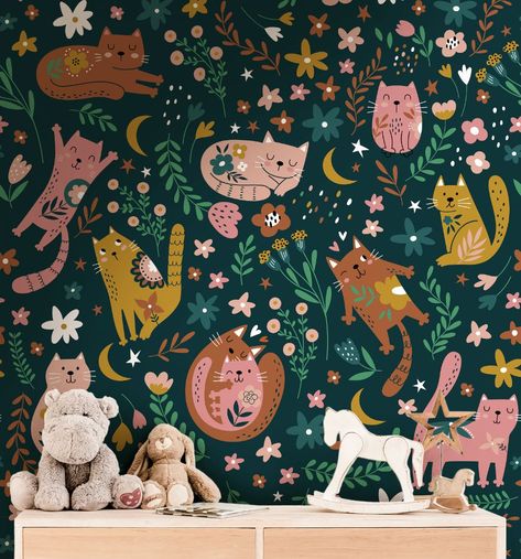 Floral Wallpaper JamesAndColors Skim Coating, Cat Pattern Wallpaper, Childrens Wallpaper, Girl Nursery Wallpaper, Cats Pink, Dark Green Wallpaper, Premium Wallpaper, Wallpaper Kids, Cozy Cat