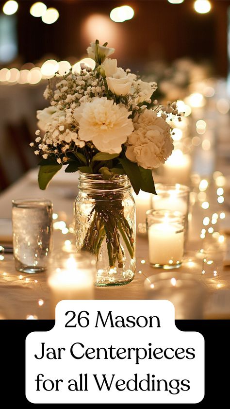 Stunning mason jar centerpieces with flowers, candles, and fairy lights for versatile wedding reception decor. Mason Jar Centerpieces With Flowers, Fairy Light And Candle Centerpiece, Easy Simple Wedding Centerpieces, Fairy Lights Vases Centerpieces, Wedding Decor With Mason Jars, Bridal Shower Candle Centerpieces, Simple Rustic Reception Decorations, Vases With Lights Centerpieces, Bridal Centerpiece Ideas