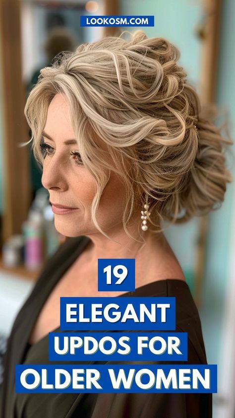 Embrace the allure of ageless beauty with our curated collection of 19 elegant updos. From classy chignons to graceful twists, find the perfect style for every event. Ready to redefine elegance? Click the pin and follow us for endless inspiration! #AgelessBeauty #ElegantHair #ClassicUpdos #GracefulStyle #ChicAtAnyAge Hairstyles For Grandmother Of The Bride, Wedding Updos For Medium Hair Half Up, Updo With Height, Mother Updos For Wedding, Updos For 60 Year Old Women, Over 60 Updos, Wedding Hair For Older Brides, Wedding Hairstyles For Women Over 50, Updos For Women Over 50 Wedding