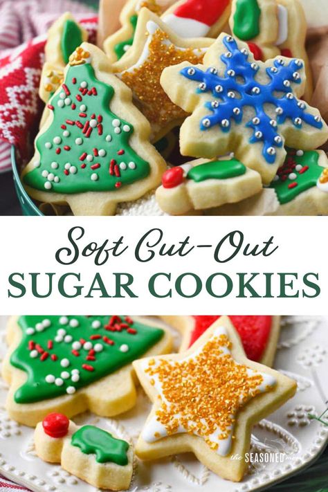 These thick, bakery-style soft cut out sugar cookies are a fun and festive addition to your Christmas cookie tray! Every mom (or grandma) should have an easy sugar cookie recipe that she can whip up in minutes with just a handful of simple ingredients. This is truly the best sugar cookie recipe ever! Cut out a batch and have fun decorating these sweet treats with your loved ones! Soft Cut Out Sugar Cookies, Christmas Sugar Cookies Recipe, Sugar Cookies Soft, Jul Kaka, Christmas Cookie Tray, Backing Ideas, Christmas Sugar Cookie Recipe, Lunch Dessert, Cut Out Sugar