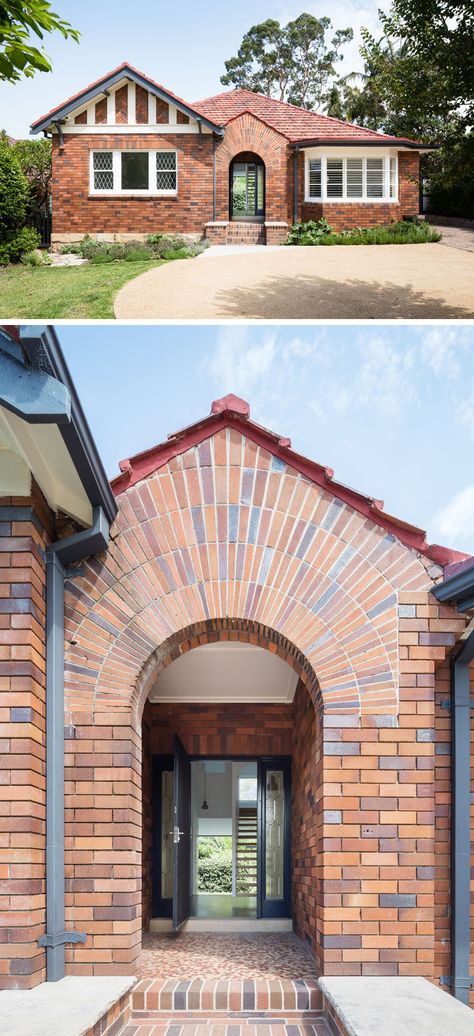 In a suburb in Sydney, Australia, TRIBE STUDIO gave a 1930s original brick bungalow a modern upgrade and extension to better suit the needs of the family living there. 1970s Bungalow, Exterior Elevation Design, Window Trim Paint, Brick Arches, Art Deco Houses, Brick Bungalow, 1930s Bungalow, Carved Door, Marble Island