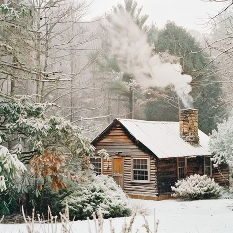 Cozy winter cabin in snowy forest with chimney smoke, rustic retreat for a peaceful getaway. Small Winter Cabin, Cabins In The Snow, Winter Cabin Aesthetic, Autumn Cabin, February Aesthetic, Almost Maine, Cozy Winter Cabin, Snow Cabin, Modern Cabins