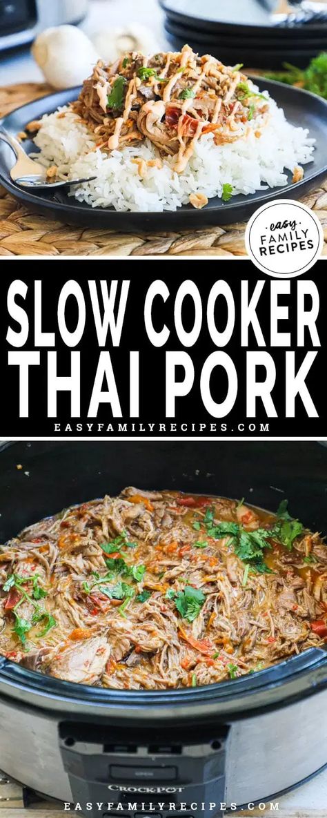 Crock Pot Thai Style Pork · Easy Family Recipes Thai Crockpot, Crock Pot Thai, Crockpot Thai, Easy Slow Cooker Dinner, Pulled Pork Shoulder, Slow Cooker Thai, Thai Pork, Slow Cooked Pulled Pork, Pork Shoulder Recipes