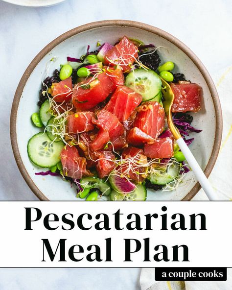 Here's a monthly pescatarian meal plan! It's got lots of recipes and inspiration, planning ideas, and a meal planning calendar download. #mealplan #mediterraneandiet #pescatarian #pescatarianmealplan #bluezones #bluezonemealplan #healthymealplan #healthyrecipes #monthlymealplan #mealplanning #mealprep #seafood #fishrecipes #salmonrecipes #shrimprecipes Pescatarian Recipes Chicken, Pescatarian Weekly Meal Plan, Pescatarian Diet Meal Plan, Pescatarian Family Meals, Pescatarian Recipes Healthy Clean Eating, Seafood Diet Plan Clean Eating, Pescetarianism Recipes, Pescetarian Meal Prep, Pescatarian Diet For Beginners Meal Plan