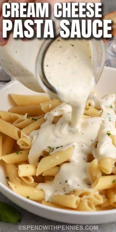 Make this super easy white sauce by blending cream cheese and lots of melty parmesan cheese. It’s just the right sauce for any shape of pasta. Want to stretch this dish even further for a crowd? Add some cooked chicken, shrimp, or even turkey for an extra dose of protein! The whole family will love this easy creamy sauce with pasta, and it's quick enough for a busy weeknight dinner. #spendwithpennies #creamcheesepastasauce #sauce #recipe Easy Creamy Sauce, Easy Fresh Tomato Sauce, Cream Cheese Pasta Sauce, Cheesy Pasta Sauce, Cheese Pasta Sauce, Pasta Sauce Recipes Easy, White Cheese Sauce, Easy White Sauce, Cream Cheese Pasta