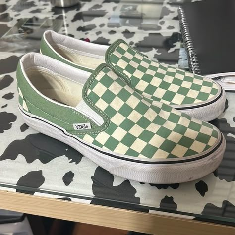 sage green checkered vans size 7.0 in womens. Vans Shoes Green, Green Checkered Vans Outfit, Aesthetic Vans Shoes, Vans Shoes Aesthetic, Green Checkered Vans, Vans Shoes Custom, Aesthetic Vans, Mule Shoes Outfit, Vans Aesthetic