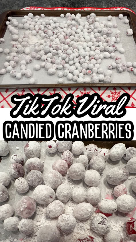 TikTok Viral Candied Cranberries are the treat everyone is raving about this season! These candied cranberries strike the perfect balance between tart and sweet, thanks to a flavorful soak in Sprite and pineapple juice that softens their natural tartness. Coated in snowy powdered sugar, they’re a festive and irresistible addition to any holiday celebration. Tiktok Sugared Cranberries, Cranberry Snacks Powdered Sugar, Candies Cranberries Powdered Sugar, Candied Prosecco Cranberries, Cranberries Soaked In Sprite, Frosted Cranberries Powdered Sugar, Tic Tok Cranberries, Popping Cranberries Recipe, Cranberry Poppers With Orange Juice