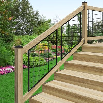 Wooden Handrails For Stairs Outdoor, Black Hog Wire Deck Railing, Rails For Stairs Outdoor, Hog Wire Stair Railing, Hog Panel Deck Railing, Porch Stair Railing Ideas, Wire Stair Railing, Porch Railing Ideas Diy Cheap, Hog Wire Deck Railing