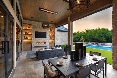 Backyard Patio Designs With Tv, Covered Patio Tv Wall, Patio Entertainment Ideas, Patio Tv Wall, Outdoor Tv Area, Patio Tv, Hardscape Patio, Tv Options, Covered Back Patio