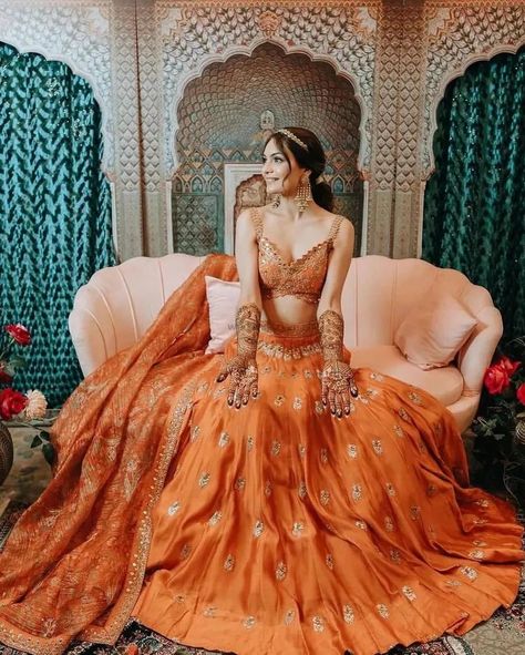 Fresh Bridal Lehenga Colours That We Spotted On The Gram Lately! | WeddingBazaar Bride Mehendi Outfit, Unique Mehendi Outfits For Bride, Shadi Lehenga, Haldi Ceremony Outfit For Bride Unique, Unique Haldi Outfits For Bride, Mehendi Bridal Outfit, Lehenga Colours, Haldi Outfits For Bride, Mehendi Outfits For Bride