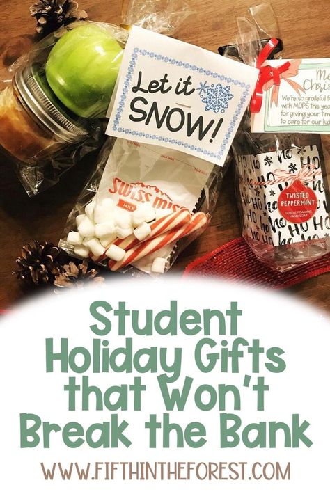 Blog post covering student holiday gifts that won't break the bank for ANY grade level. You will find FREE and CHEAP suggestions to make your preschool, elementary, middle, or high school students feels special. This is perfect for your classroom units around Christmas or in the winter season. Many of these can also be used for coworker gifts, neighbor gifts, friends, and family! Student Christmas Gifts From Teacher Gloves, Classmates Gifts Christmas, Cheap Easy Student Christmas Gifts, Cute Christmas Gift For Students, Christmas Presents To Students From Teacher, Christmas Treats For Students From Teacher, Teacher Presents For Students, Holiday Treats For Students, Christmas Gifts From Teacher To Students Classroom