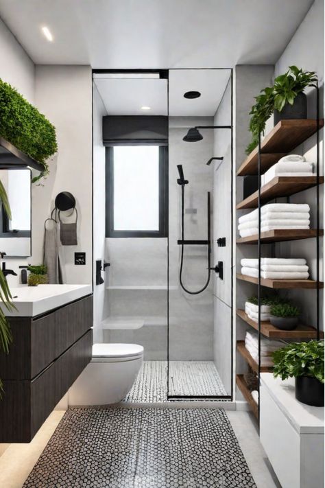 Organizing a small bathroom Shower And Storage Ideas, Master’s Bathroom Ideas, Small Modern Bathroom With Shower Only, Bathroom Small Shower Ideas, Best Bathroom Storage Ideas, Modern Bathroom Organization Ideas, Guest Bath Storage, Bathroom With Cabinets Storage Ideas, Tiny Spa Bathroom