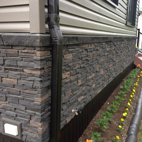 Quality Stone - Dark Brown - Ledge Trim Stone And Siding House Exterior, Trailer Skirting Ideas, Mobile Home Skirting Ideas, Stone Panels Exterior, House Skirting, Mobile Home Skirting, Stacked Stone Panels, Mobile Home Exteriors, Stone Exterior Houses