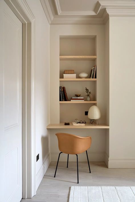 Heath House Hampstead Desk Alcove, Built In Desk And Shelves, Office Layouts, Home Office Layouts, Hampstead London, London Interior Design, New Staircase, London Interior, Chimney Breast