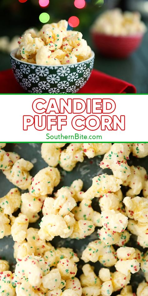 Chester Puff Corn Caramel Corn, Peanut Butter Puff Corn, Popcorn Puff Recipes, Corn Puffs Caramel Corn, Sweet Corn Puffs, Corn Checks Treats, Puffcorn Almond Bark, Christmas Cereal Treats Holiday Snacks, Puff Corn With Almond Bark