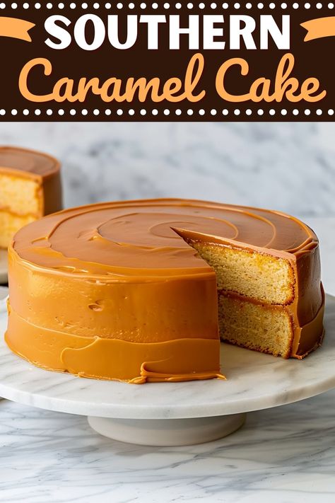 This Southern caramel cake is a true showstopper. Every forkful is a blissful balance of sweet, buttery flavors and melt-in-your-mouth texture. Yellow Cake With Caramel Frosting, Southern Living Caramel Cake Recipe, Southern Burned Caramel Cake, Moist Caramel Cake Recipe, Burnt Caramel Cake, Old Fashion Caramel Icing, Old Fashion Caramel Cake, Caramel Cake Using Box Cake, Carmel Cake Recipe From Scratch