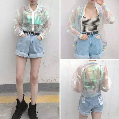 Halo Rainbow Jacket Oc Redesign, Transparent Coat, Transparent Jacket, Holographic Jacket, Cute Sweatpants, Space Cadet, Clothing Reference, Basic Jackets, Women Jacket