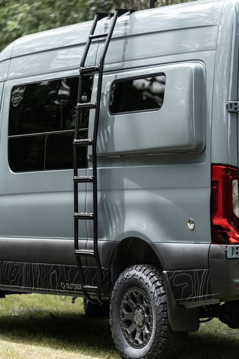 Flares built into the rear quarter panels create increased sleeping space. Added bracketry create a sofa bench using the bed panels when not in sleep mode. Sprinter Motorhome, Campervan Bed, Camper Box, Sprinter Camper, Needs And Wants, 4x4 Van, Van Conversions, Van Living, Van Ideas