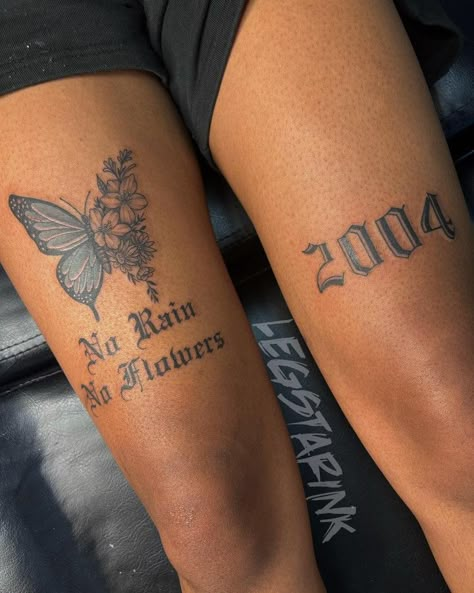 High Knee Tattoo, Above The Knee Tattoos Black Women, Leg Words Tattoos Women, 2004 Knee Tattoo, Tattoos That Wrap Around Thigh, Year Tattoo Number Knee, Tattoo Behind Leg Woman, Birth Year Knee Tattoo, Tattoo Ideas Female Above Knee