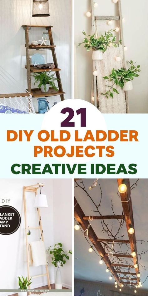 Elevate your home decor with these creative DIY ladder projects! Give new life to an old ladder by repurposing it into a functional and charming storage solution. Use it as a bathroom organizer by hanging baskets for towels and toiletries, or transform it into a kitchen pot rack for easy access to your cookware. Showcase your favorite memories by turning the ladder into a decorative display for photos and artwork. These projects not only optimize space but also infuse your home with character and personality. Old Ladder Hanging From Ceiling, Repurpose Ladder Ideas, Hanging Ladder With Greenery, Ladder On Wall Decor, Hanging Ladder From Ceiling, Diy Ladder Shelf Bathroom, Diy Blanket Ladder Easy, Small Ladder Decor Ideas, Old Wooden Ladder Ideas