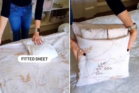 Fold Fitted Sheet With Pocket, Flat Sheet Folding Hack, Folding Fitted Sheets With Pocket, Sheet And Comforter Storage, Sheet Set Storage, Fold Bedding Space Saving, Sheet Set Organization, Bed Sheets Storage Ideas, Folding Sheet Sets Together