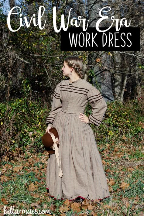 1850s Working Class Dress, 1840s Working Class Dress, 1860 Work Dress Pattern, Colonial Fashion, 1860s Day Dress Civil Wars, 1860s Traveling Dress, Bernadette Banner, 1860s Cotton Dress, Gothic Fashion Victorian