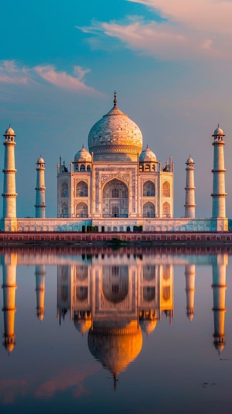 "Taj Mahal #Reflection: The #TajMahal stands majestically under a pastel sky, its image mirrored perfectly in tranquil waters. #Architecture #UNESCO #Heritage #AIArt #AIPhoto #StockCake ⬇️ #Download and 📝 #Prompt 👉 https://stockcake.com/i/taj-mahal-reflection_599414_837027" Tajmahal Photography Taj Mahal, Taj Mahal Pictures, Taj Mahal Photo, Taj Mahal Image, Indian Floral Decor, Indian Places, 7 World Wonders, Tac Mahal, India Pictures