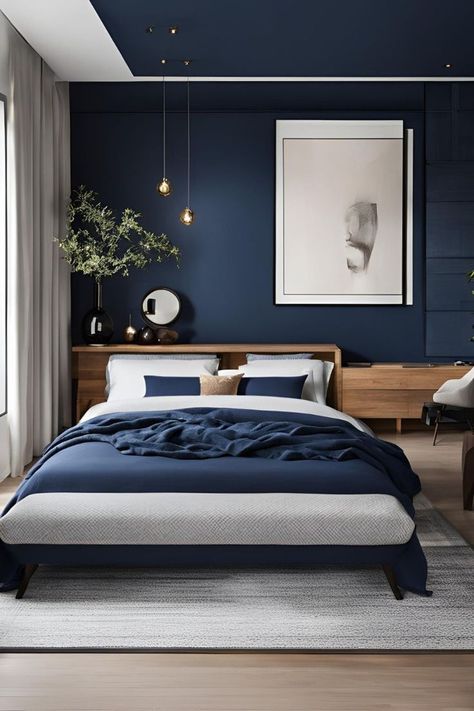 Bedroom Wall Highlight Ideas, Gold Modern Bedroom, Navy Blue Accent Wall Bedroom, Deep Blue Bedroom, Modern Blue Bedroom, Midnight Blue Bedroom, Navy Bedroom Ideas, Navy Blue Rooms, Dark Blue Rooms