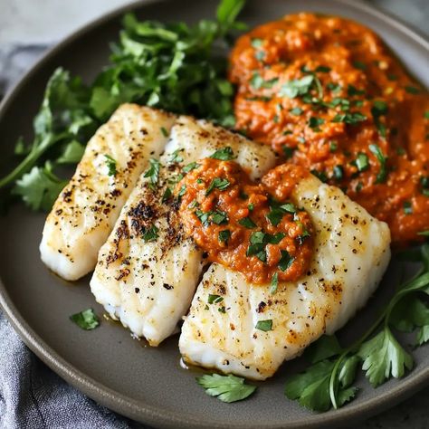 Enjoy a delicious and healthy Grilled Cod with Romesco Sauce, featuring tender cod fillets paired with a rich, smoky sauce. Perfect for a quick weeknight dinner that's both nutritious and satisfying. Salmon And Broccoli Pasta, Fish On The Grill, Easy Spaghetti Bolognese, Rock Cod, Parmesan Crusted Salmon, Grilled Cod, Cod Fillets, Salmon And Broccoli, Healthy Grilled