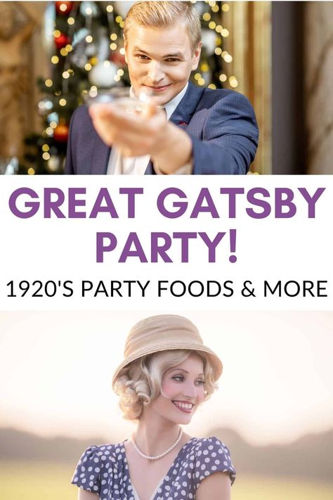 Whether you're wanting to host a Great Gatsby movie night or plan a roaring 20s party, these 1920s party foods are sure to be a hit! We love a themed party because it's a great way to get together with friends! Jay Gatsby Costume, Great Gatsby Dinner Party Food, Roaring 20 Food Ideas, 20s Themed Food, Speakeasy Party Menu Food Ideas, Roaring 20s Appetizers, Great Gatsby Food Appetizers, 20s Food 1920s Party, 1920 Food Ideas