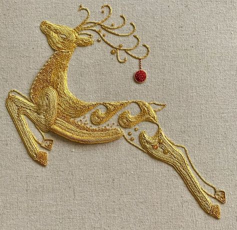 reindeer embroidery RSN Embroidery Goldwork, Royal School Of Needlework, Royal School, Goldwork Embroidery, Gold Work Embroidery, S Embroidery, Couture Embroidery, Embroidery Designs Fashion, Handwork Embroidery Design