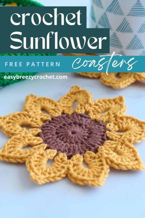 Free Crochet Pattern For Sunflower Coasters, Sunflower Crocheted Coasters, Sunflower Table Runner Crochet, Crochet Sunflower Hot Pad, Crocheted Sunflower Coasters Pattern Free, Crocheted Sunflower Coasters, Sunflower Doily Crochet Pattern, Sunflower Hot Pad Crochet Patterns, Sunflower Crochet Coaster Pattern