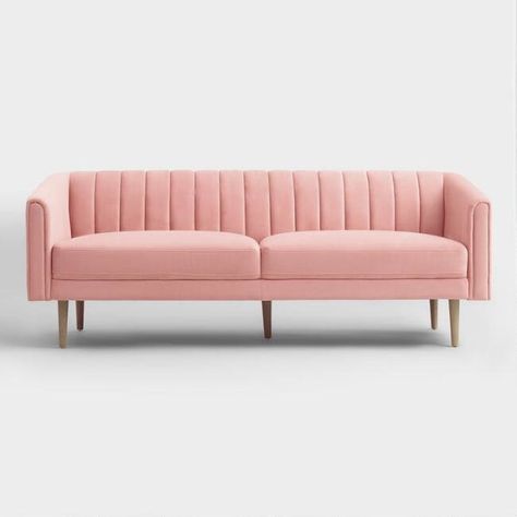 Dressed to impress in ultra-luxe velvety upholstery, our exclusive Sacha sofa showcases an elegant channel back and tapered dove-gray legs. #dwellshop #modernsofas Rose Living Room, Pink Channel, Apartment Lounge, Blush Pink Bedroom, Modern Grey Sofa, Velvet Tufted Sofa, Furniture Styling, Gold Sofa, Industrial Home Design