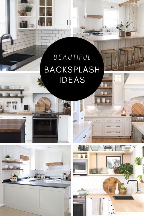 Beautiful kitchen backsplash ideas for white cabinets! Gorgeous ideas for renovations, remodels, and new build homes with white cabinetry. Ideas for white countertops, black countertops, quartz and marble. Ideas for subway, mosaic, stencil, marble, vertical shiplap, brick and more. Dark and light shelving too! Find amazing ideas here! Black Kitchen Backsplash White Cabinets, White Kitchen Dark Backsplash, White Kitchen Caninets, White Upper Cabinets Dark Lower, Backsplash Ideas For White Cabinets, Modern Farmhouse Kitchen Backsplash, White Cabinets Black Countertops, Quartz Countertops And Backsplash, Kitchen Black Counter