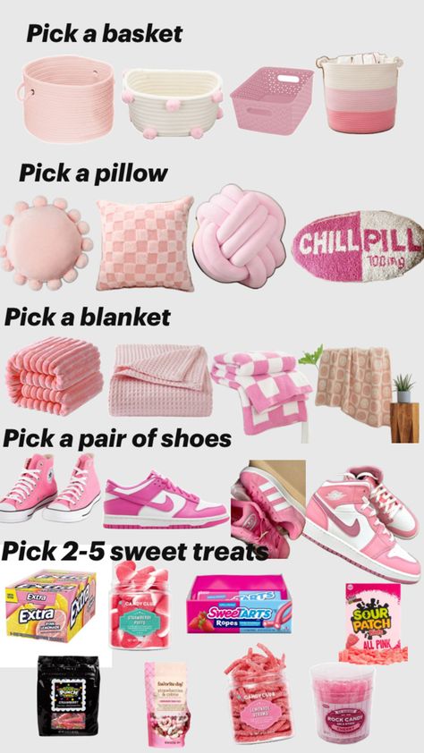 Fun Basket Ideas, Preppy Basket, Lunch Fits, Bestie Quiz, One Color Outfit, Easy Gift Baskets, Pink Gift Basket, Fall Gift Baskets, Making A Gift Basket