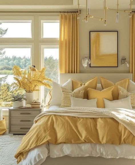 Yellow Theme Room, Bedroom Inspirations Yellow, Yellow Bedroom Aesthetic, Amber Bedroom, Yellow Grey Bathroom, Romantic Living Room, Blue Ombre Hair, Yellow Theme, Grey Bathroom