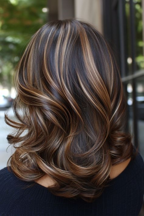 Explore the hottest dark caramel balayage styles of 2024 for a chic and stunning new look. Dive into top trends today! #CaramelBalayage2024 #SubtleBalayage #DarkHairGoals #FallBalayage #DimensionalHair #NaturalBalayage #BrunetteInspo #WarmHairTones #BalayageLovers #CaramelHighlights Womens Brown Hair With Highlights, Caramel Foils On Dark Hair, Dark Brown Hair With Honey Balayage, Dark Highlighted Hair, Chocolate Brown Hair With Caramel Lights, Dark Honey Blonde Hair Caramel, Autumn Balayage Hair Brunette, Brunette Caramel Balayage, Dark Brown With Caramel Highlights